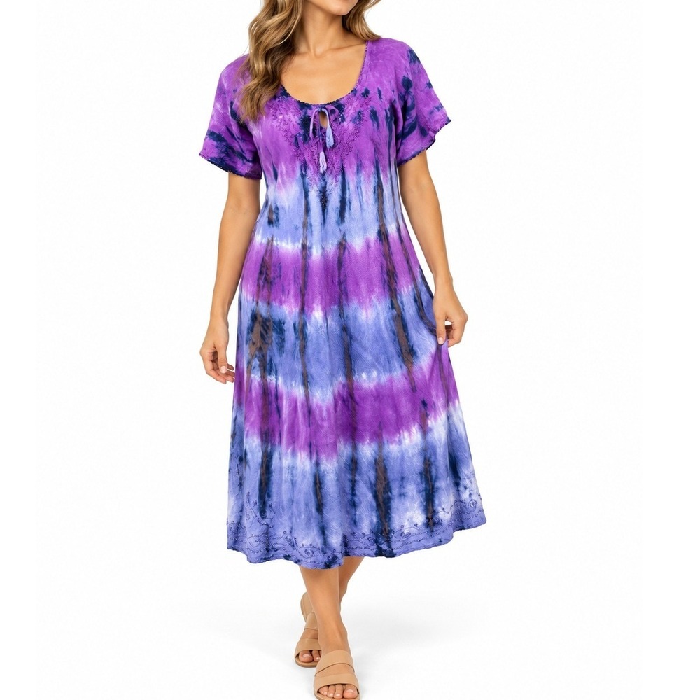Women's Purple Blue Tie Dye Maxi Dress One Size Boho Hippie Lace Up Flowy